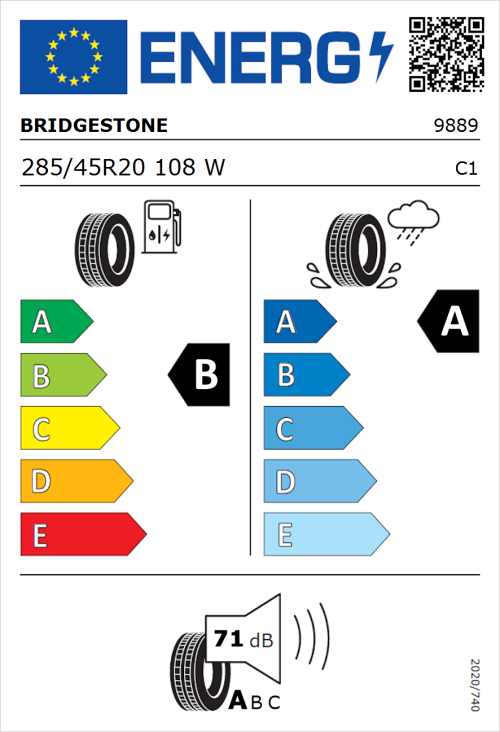 Tyre Label for Bridgestone Alenza 001 285/45R20 108W