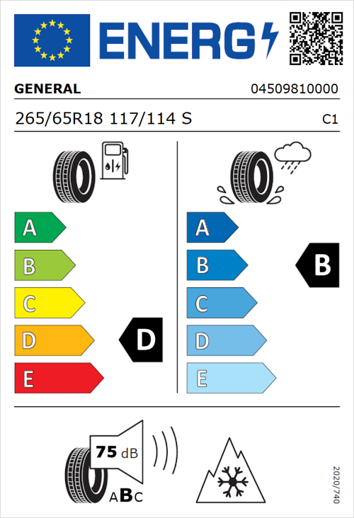Tyre Label for General Grabber AT 3 265/65R18 117/114S