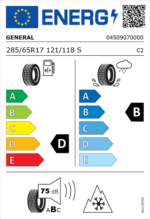 Tyre Label for General Grabber AT 3 285/65R17 121/118S