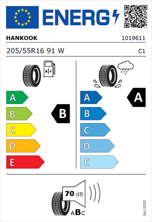 Tyre Label for Hankook Ventus Prime 3 K125 205/55R16 91W