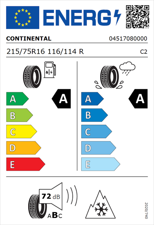 Tyre Label for Continental VanContact Eco 215/75R16 116/114R