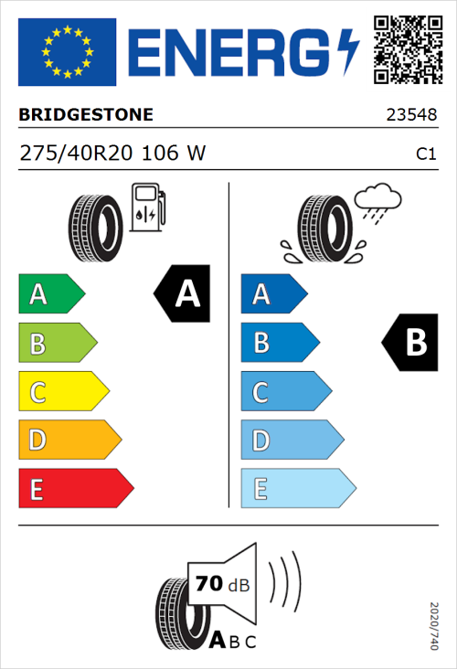 Tyre Label for Bridgestone Alenza 001 275/40R20 106W