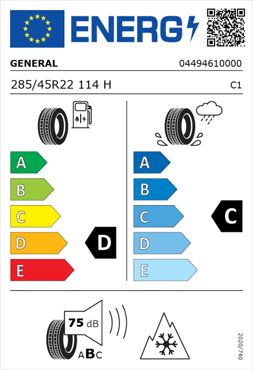 Tyre Label for General Grabber AT 3 285/45R22 114H