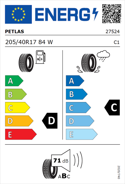 Tyre Label for Petlas Velox Sport PT741 205/40R17 84W