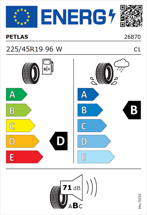 Tyre Label for Petlas Velox Sport PT741 225/45R19 96W