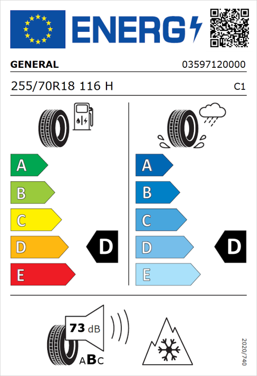 Tyre Label for General Grabber AT 3 255/70R18 116H
