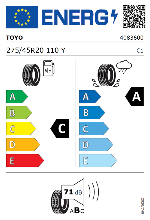 Tyre Label for Toyo Proxes Sport 2 275/45R20 110Y