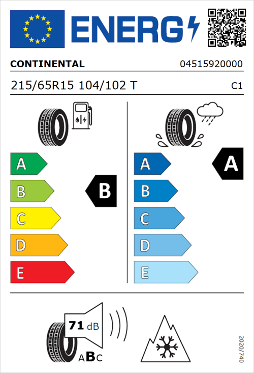 Tyre Label for Continental VanContact Eco 215/65R15 104/102T
