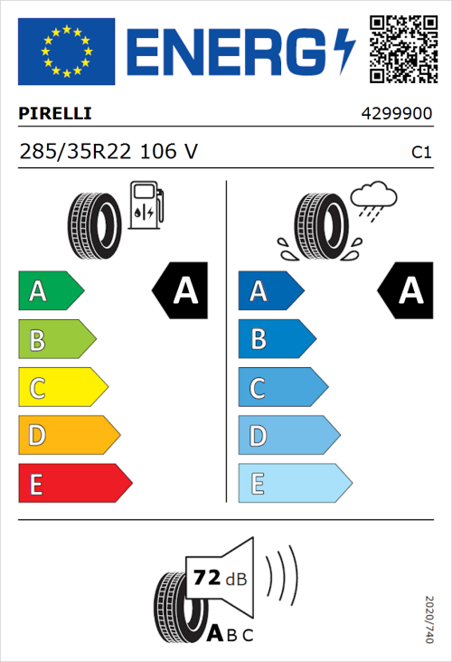 Tyre Label for Pirelli P ZERO E 285/35R22 106V