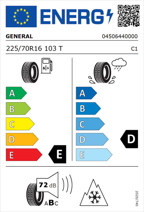 Tyre Label for General Grabber AT 3 225/70R16 103T